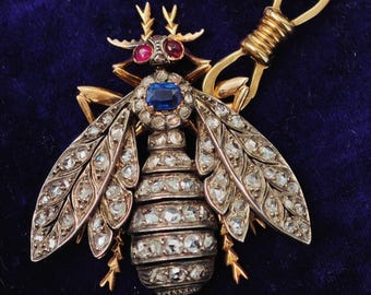 VENDUTO Antico ciondolo spilla a forma di ape in argento e oro 18 carati, vittoriano francese, fine XIX secolo