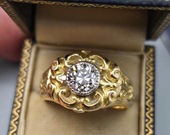 Antique Early 1900s French 18K Gold Diamond Engagement Ring: Old Mine Cut, 1.35 CT, Size 9-9.25