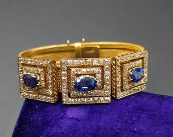 Bracciale a maglie greche con diamanti Old Mine, in oro 18 carati, a tre sezioni, GIA Ceylon Sri Lanka, senza calore, con zaffiri