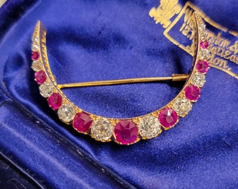 Antique 14K Gold Burmese Ruby Diamond Crescent Brooch