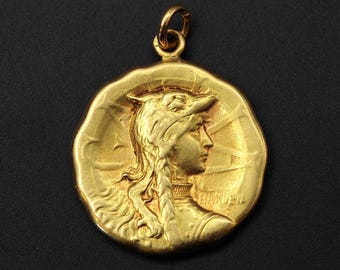 SOLD Antique French 18K Gold Gaul Medal Pendant, AS Harden Vercingetorix Gallic Rooster Coin Pendant, Early 1920s