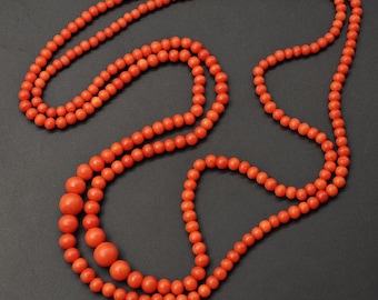 Antique Vintage Double-Strand Natural Undyed Mediterranean Red Coral Bead Necklace, Gift for Her