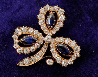 Antique 14K Gold Clover Brooch Pendant: GIA No Heat Sapphire, Old Mine Cut Diamond