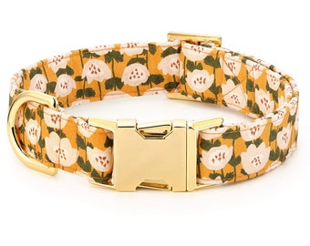 SECONDS SALE: Goldenflowers Dog Collar // Autumn pet collar // Floral Dog Collar //  Modern pet collar with discolored hardware