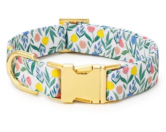 SECONDS SALE: Tulip Garden Dog Collar // Spring pet collar // Floral Dog Collar //  Modern pet collar with discolored hardware