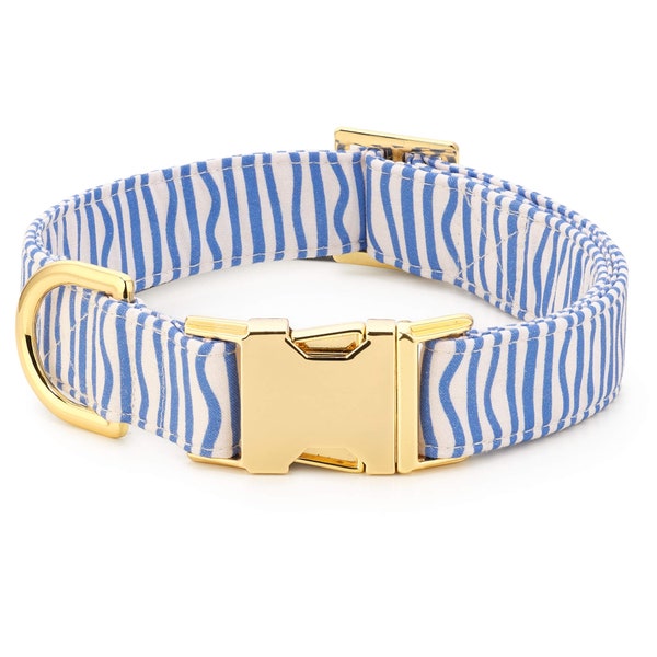 SECONDS SALE: Blue Waves Dog Collar // Striped pet collar // Blue and White Dog Collar //  Modern pet collar with discolored hardware