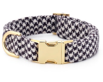 SALE: Houndstooth Flannel Dog Collar // Black and ivory pet collar // Chic dog neckwear // Collar with gold metal hardware