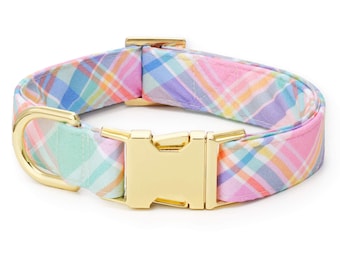 SECONDS SALE: Blooming Plaid Dog Collar // Spring pet collar // Plaid Dog Collar //  Modern pet collar with discolored hardware