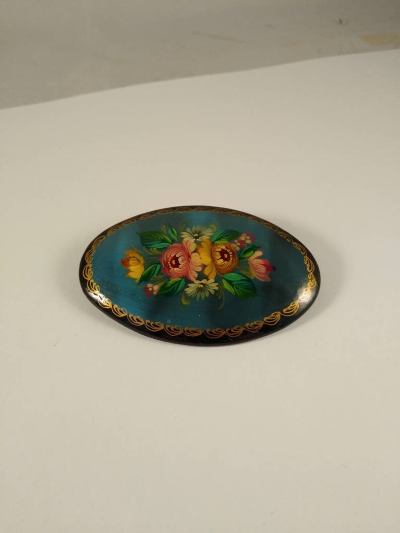 Vintage Hand Painted Wooden Brooch.FREE SHIPPING US.