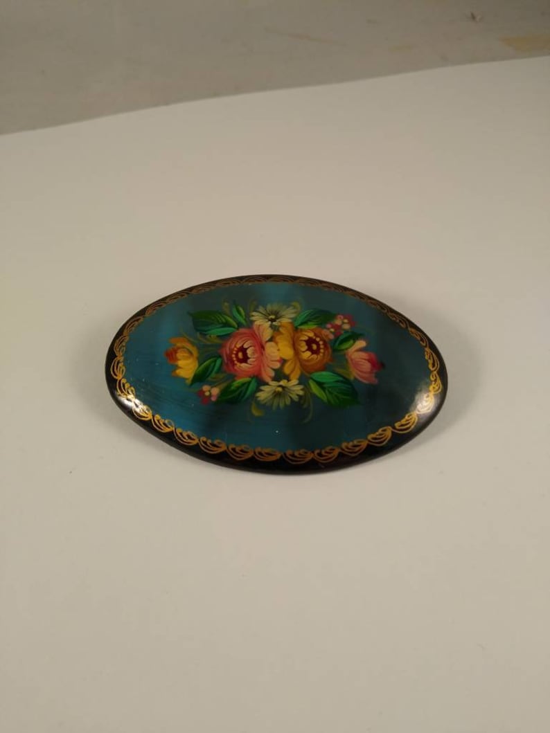 Vintage Hand Painted Wooden Brooch.FREE SHIPPING US.
