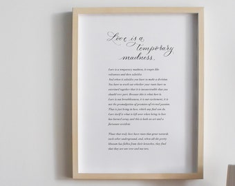 Love is a temporary madness wedding reading print with calligraphy detail