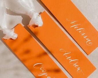 Mandarin Orange Calligraphy Place Cards with Silk Ribbon