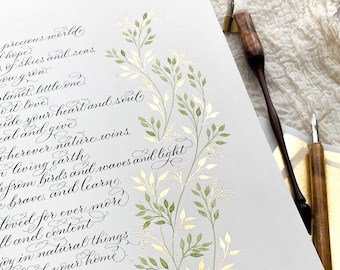 Christening poem calligraphy gift with botanical illustration