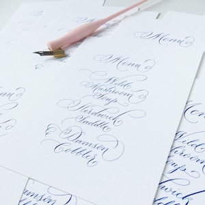 Bespoke calligraphy wedding menus on luxury card huge choice of colours flourishing for a luxe modern wedding look image 1