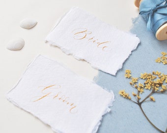 Sustainable wedding place names - recycled cotton rag paper, gold handwritten calligraphy