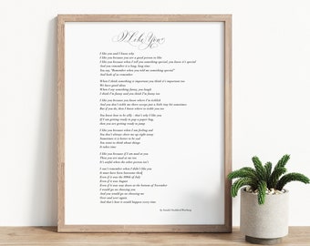 I Like You wedding reading print with calligraphy detail