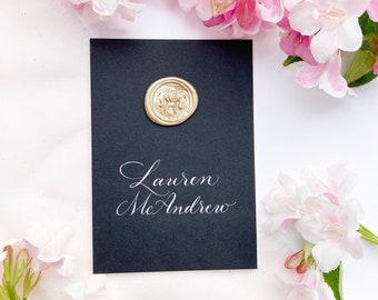 Luxe black wedding place names with hand calligraphy in white ink / escort cards / place cards / personalised name cards for weddings