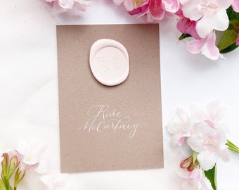 Luxe almond colour wedding place names with calligraphy in white ink / escort cards / place cards / personalised name cards for weddings