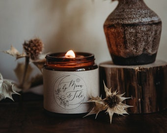 Sea Spray & Starlight - Vegan friendly personalised wood wick soy candle with calligraphy and a mindfulness message inside