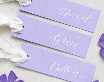 Lavender Calligraphy Place Cards with Optional Silk Ribbon