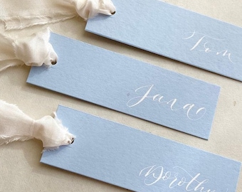 Powder Blue Calligraphy Place Cards with Silk Ribbon