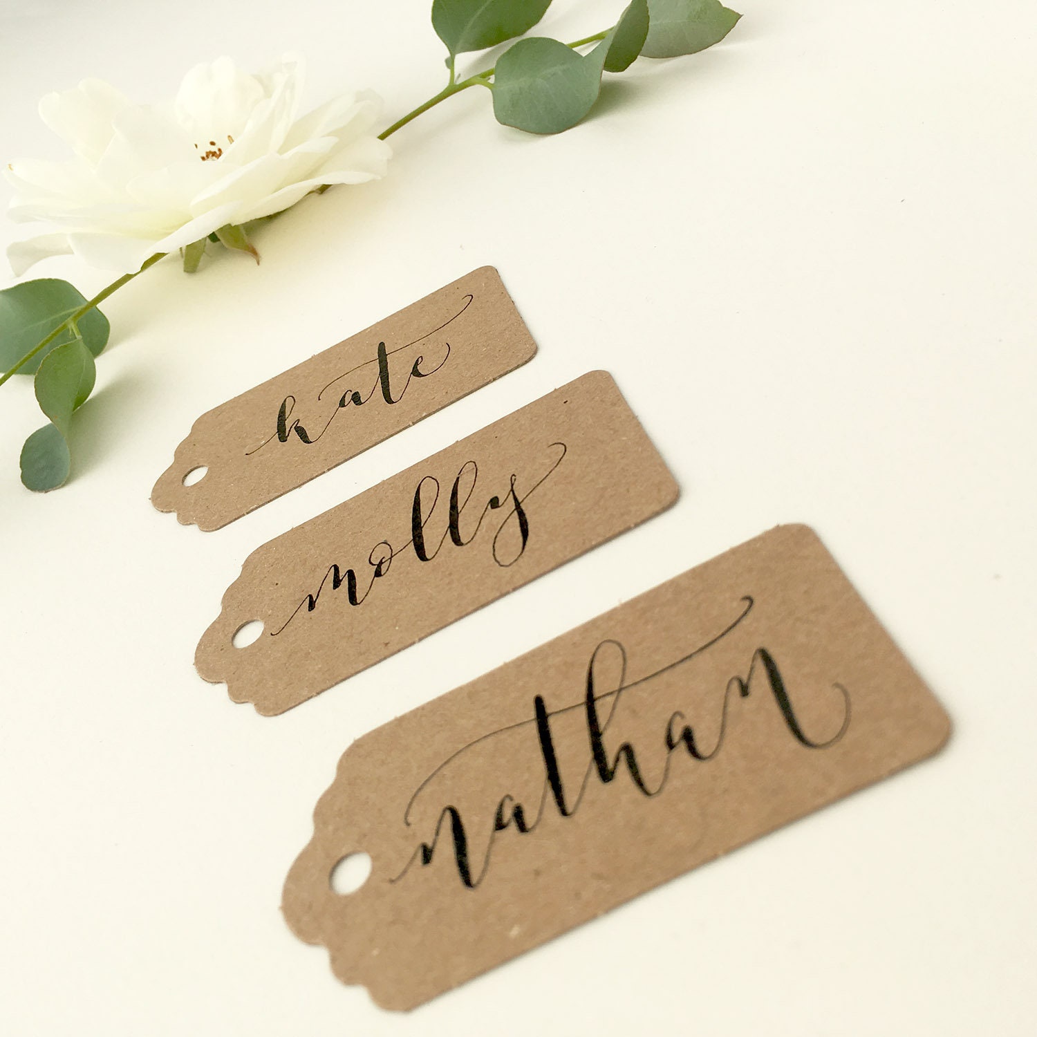 affordable rustic luggage tags with calligraphy wedding place cards