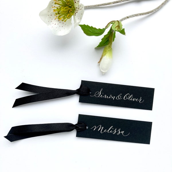 Black slimline sustainable wedding place names with optional ribbon