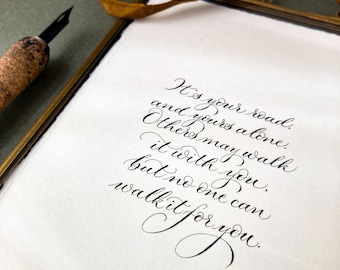 It's your road hand written calligraphy quote from Rumi in a rustic brass frame