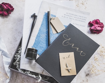 Beautiful modern calligraphy starter set with full colour guide book and personalised journal