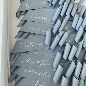 May include: A selection of pale blue place cards, each bearing a name in white calligraphy. The cards are folded and presented in a white box. Names include "Gene Sr.", "Carson", "Mica", "Victoria", "Aunt Jo", "Maddie", and "Ed".