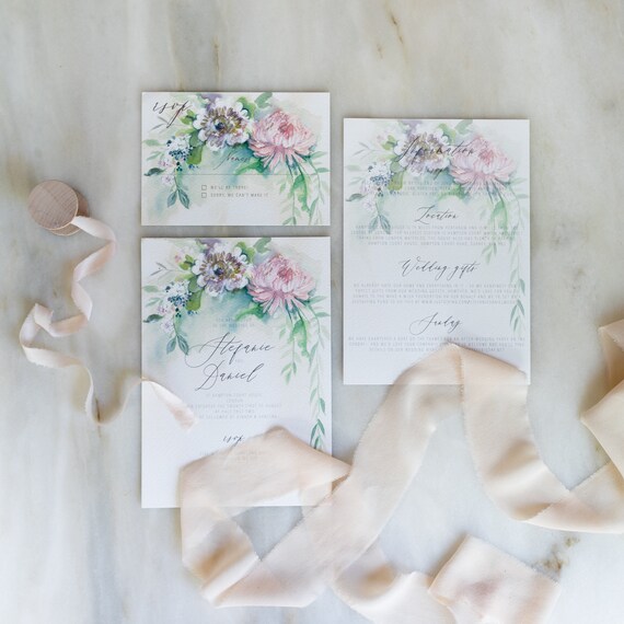 Serenity Unique Illustrated Personalised Wedding Invitations Etsy