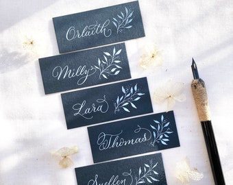 Slate grey wedding place names with hand calligraphy, made in the UK from sustainable recycled card