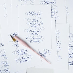 Bespoke calligraphy wedding menus on luxury card huge choice of colours flourishing for a luxe modern wedding look image 2