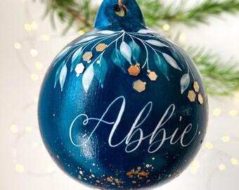 Aqua blue personalised name bauble with handwritten calligraphy