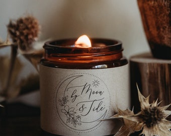 Sea Salt & Caramel - Vegan friendly personalised wood wick soy candle with calligraphy and a mindfulness message inside