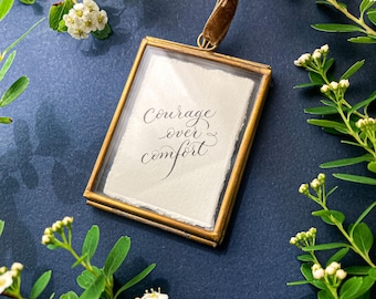 Courage over comfort mini motivational framed quote in hand written calligraphy