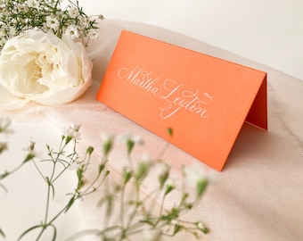 Mandarin tent fold wedding place name cards with calligraphy