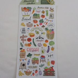 May include: A sheet of colorful stickers featuring illustrations of fruits, vegetables, and other food items. The stickers have text that includes "Positive Life", "Good Vibes", "Good", "Life", "Cheerful", "Choose Happy", "Enough", "Enjoy", "Holiday", and "Sweet".