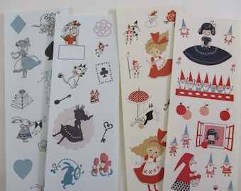 May include: Four sheets of stickers featuring illustrations of Alice in Wonderland characters, including the Queen of Hearts, the Mad Hatter, and the Cheshire Cat. The stickers are printed on white paper with a variety of colors, including red, blue, green, and yellow.