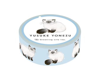 May include: A roll of washi tape featuring a repeating pattern of white cats with black markings on a light blue background. The tape is labeled "YUSUKE YONEZU Greeting Life Inc."