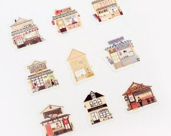 Row of Houses Building Town Architecture Flake Sticker Sack Planner Journal Agenda Craft Gift Notebook schedule BGM downtown business shop