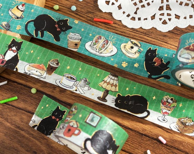 Tabby Black Cat Kitty Pet Deco Washi Tape Masking Planner Journal Craft Art bgm Hungry Food Party Kitchen Restaurant Kitten Love Family