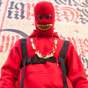 ZEF2DEATH red ski mask with gold teeth zipper mouth zefstyle grill teeth mask