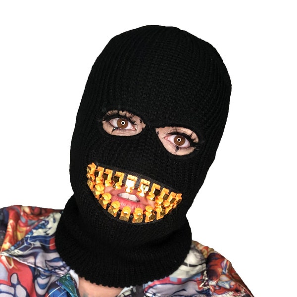 ZEF2DEATH black ski mask with gold teeth zipper mouth zefstyle grill teeth mask