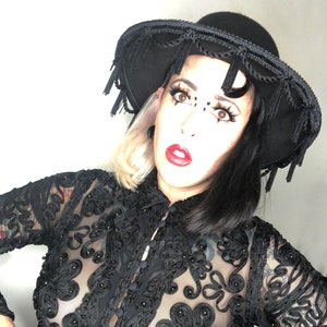 Wide brim hat with rope and tassle fringe witchy gothic fancy embellished burlesque sunhat