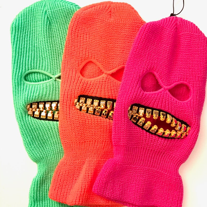 Ski mask with gold teeth zipper mouth zefstyle grill teeth face mask creepy goth hat MANY COLORS 