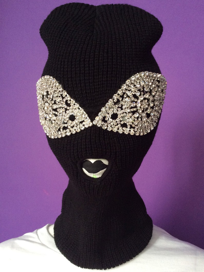 Black knit ski mask with large crystal eyes futuristic rap Etsy