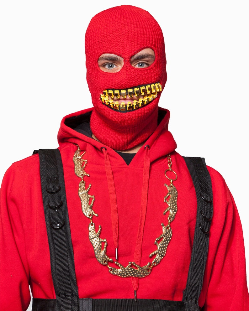 ZEF2DEATH Red Ski Mask With Gold Teeth Zipper Mouth Zefstyle Etsy UK
