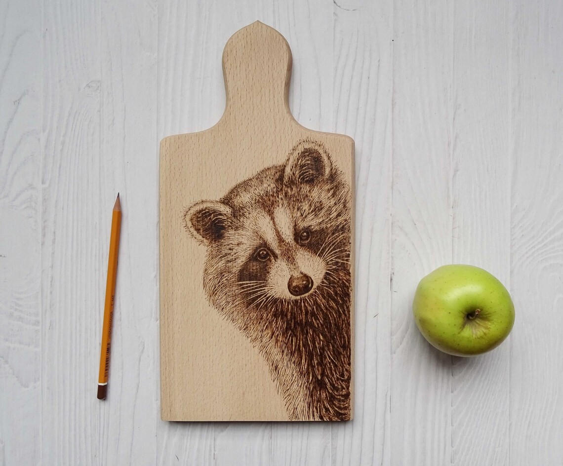 Pyrography Art Beech Cutting Board Raccoon Drawing Etsy