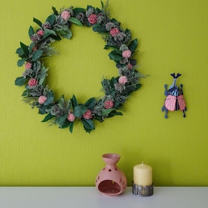 Green and Pink Floral Wreath - Large Faux Wreath with Light Mixed Greenery  - Handmade Silk Flower Wreath